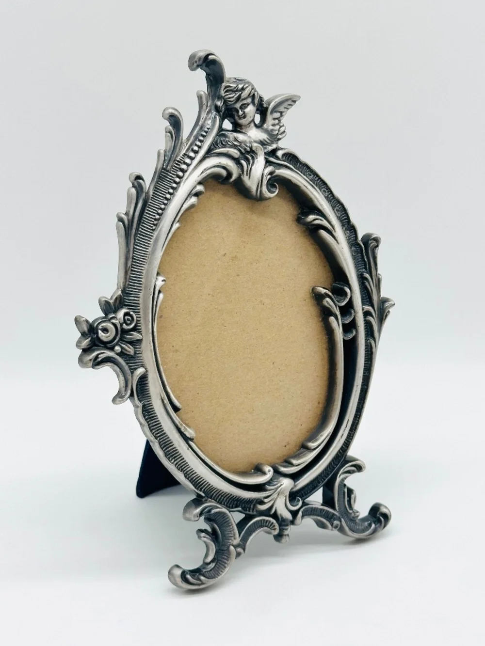 VTG Linco Pewter Cherub Oval Picture Frame Ornate Victorian Baroque Velvet Back